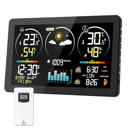 Wetterstation Funk mit Außensensor, Digital Farbdisplay DCF Funkuhr Innen und Außen Thermometer Hygrometer, Funkwetterstation mit Wettervorhersage, Temperaturwarnung, Barometer und Mondphase (Schwarz)