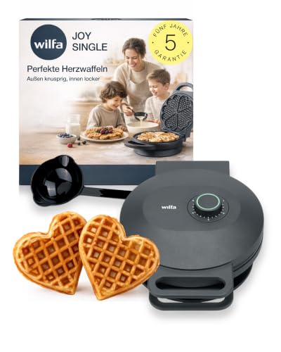 Wilfa JOY Single Waffeleisen 900W I Große Herzwaffeln mit 18 cm Durchmesser & 5 Herzen I Smarte Alarm-Glocke, 5 Temperaturstufen & Antihaftbeschichtung I Inkl. Teiglöffel