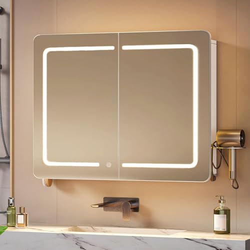 Hzuaneri Spiegelschrank Bad mit Beleuchtung, Badezimmer Spiegelschrank, 3 Farbtemperatur Dimmbare, Badezimmerschrank mit Spiegel und Verstellbarem Regal, 16,5 x 70 x 60 cm Weiß MC30203XEU