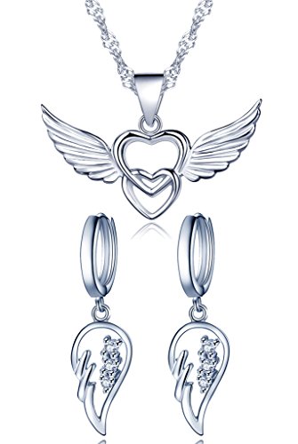 Yumilok 925 Sterling Silber Zirkonia Engelsflügel Doppel Herzen Ohrhänger Halskette Schmuck Set Ohrringe Kette mit Anhänger Set für Damen Mädchen