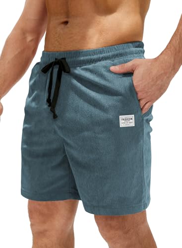 VOLTEXUS Corduroy Shorts Herren Sommer Freizeit Leinen Stretch Baumwolle Elastische Taille mit Taschen Blau L