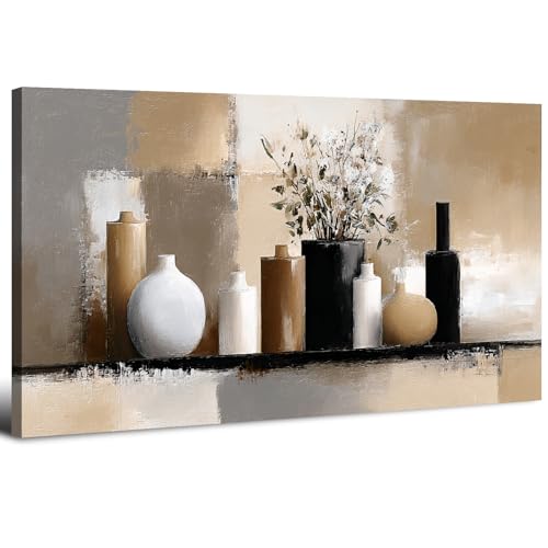 Abstrakte Leinwand Bilder mit Rahmen, 50x100 cm Leinwandbilder Blumenvase, Modern Minimalistisch Bilder Wohnzimmer in Schwarz Weiß Braun, Abstrakte Bild Schlafzimmer Küche - Fertig zum Aufhängen