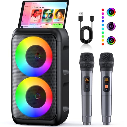 Karaoke Maschine (2025 Neueste Generation) | Karaoke Anlage mit 2 Mikrofone Bluetooth Lautsprecher | Unterstützt TV/Smartphone/iPad/TWS/AUX/USB/FM | Für Party, Geburtstag, Reisen (Schwarz)