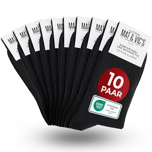 Mat & Vic's schwarze Socken Herren 43-46 Baumwolle, black socks men & women - Strümpfe aus Cotton, 10 Paar, für Freizeit, Anzug, Business Damen und Männer Herrensocken