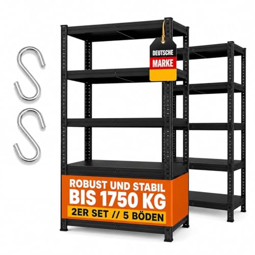 ALBATROS SR2B Premium Schwerlastregal Schwarz 2er Set – 875 kg belastbar, wasserfest, Matte laminierte Böden, 5 verstellbare Ebenen, teilbares Steckregal 180x90x40 cm, Stahlregal inkl. 2 Haken