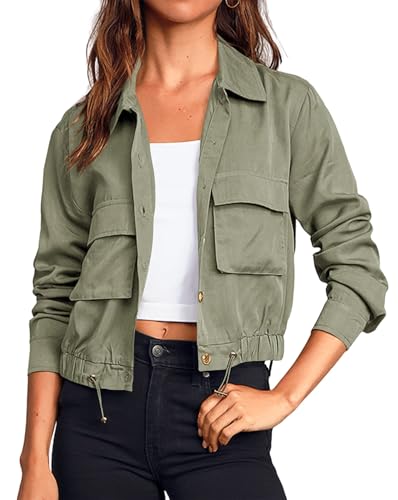 Cicy Bell Übergangsjacke Damen Crop Jacke frühling Leichte Sommerjacke Kurzer Mantel Parka Jacket Herbstjacke.Armeegrün L