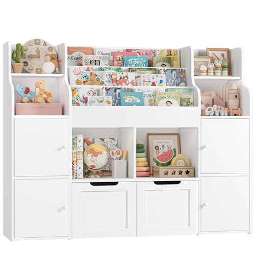 FOREHILL Kinderregal mit Bücherregal Kinderzimmer Möbel aus Holz Bücherregal für Kinder mit Aufbewahrungsbox Kinderschrank mit 2 Spielzeugkiste auf Rollen 122 x 30 x 100 cm