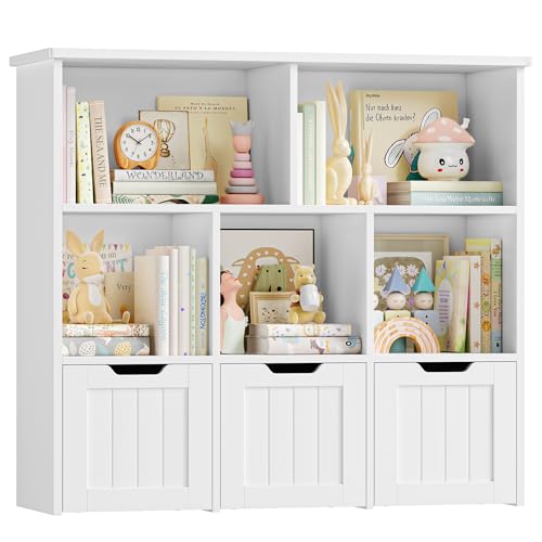 FOREHILL Kinderregal mit Boxen auf Rollen, Kinderzimmer Möbel, Spielzeugregl, Aufbewahrungregal,Bücherregal für Kinder, Kinderschrank, Regal mit 3 Boxen 100x33x89.5cm weiß