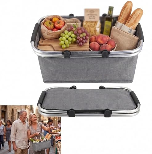 Einkaufskorb Faltbar, Einkaufskorb mit Kühlfunktion, Thermo als Picknickkorb, Tragekorb, für Picknick, Reisen, Einkaufen,18L(Grau)