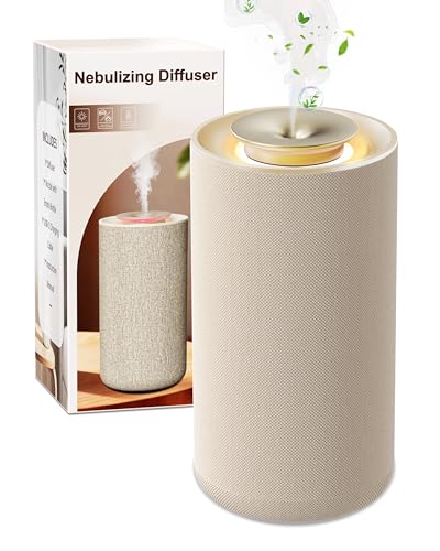 Aroma Diffuser Kabellos, Wasserloser Duftzerstäuber mit hochwertigem Stoffbezug für Ätherische Öle mit Akku & Warmlicht, Eleganter Raumduft Vernebler für Wohnzimmer & Auto (Smart Sensor)-Cremeweiß