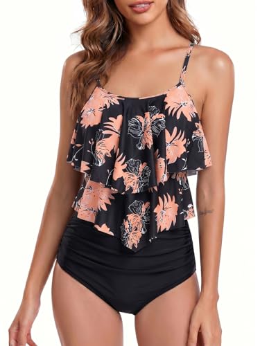 FLYILY Tankini High Waist Damen Zweiteiliger Bikini Set Badeanzug Rüschen Bedruckt Bademode mit Hoher Taille Bikinihose Tankini Oberteil Strandkleidung(1-BlackFlower,L)
