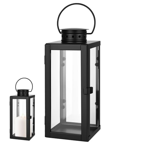 elthmpr Laternen für Draußen - Gartenlaterne Schwarz Metall Outdoor, Windlichter 24CM, Grablaterne Wetterfest, Kerzenlaterne Deko Vintage, Kerzenständer für Wohnzimmer Balkon Garten Beleuchtung