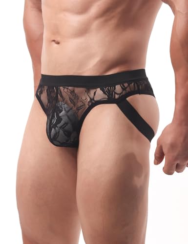 ohmydear Herren String Tanga Jockstrap Männer Niedrige Taille Unterhosen Slip Sissy Dessous Ouvert Höschen Sexy Spitze Unterwäsche mit Elastischer Bund Transparent Gay Thong Schwarz L