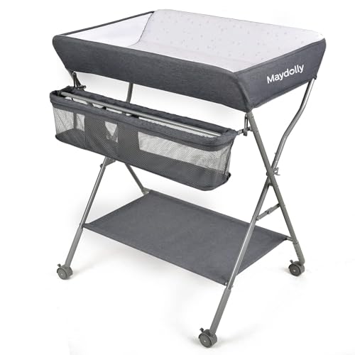Maydolly Baby Klappbar Wickelkommode，Mobiler Wickeltisch mit Rollen und Wickelauflage,Wasserdicht und Höhenverstellbar，Baby Wickelkombi mit Ablagefächern(dunkelgrau)