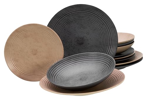CreaTable, 13139, Serie Catania, 12-teiliges Geschirrset, Teller Set aus Steinzeug, spülmaschinen- und mikrowellengeeignet, Made in Portugal