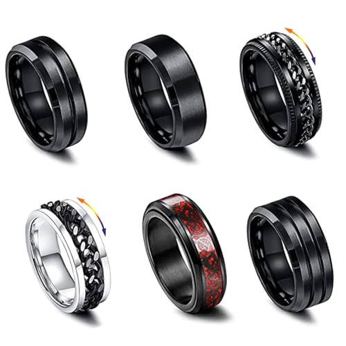 Hernin 6 Stück Edelstahl Fidget Ring Spinner Ring, Männer Edelstahl Spinner Ringe, Rostfreier Stahl Spinnerringe Set für Männer Frauen, Coole Schwarze Ringe Set (Schwarz+Silber Set-1, 12)