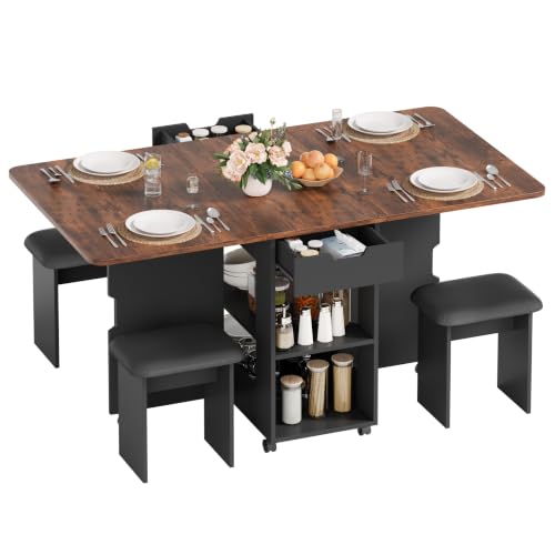 Mondeer Essgruppen, Klappbarer Esstisch mit 4 Stühlen und Schublade, Esstisch Set mit Rollen und 2 Offenen Ablagen, für Kleine Räume Esszimmer Küche, 140 x 80 x 75 cm (Rustikales Braun und Schwarz)