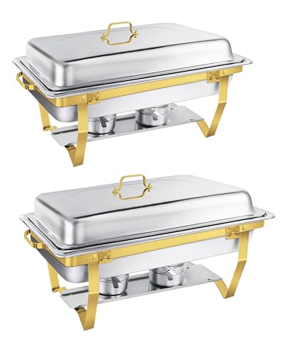 WENMILY Gold Chafing Dish Buffet Set 9L,Buffetwärmer[Rollranddesign],2pcs Edelstahl Warmhaltebehälter [Elegante Gold und Silberfarben] Speisenwärmer Rechaud für Catering Buffet und Party
