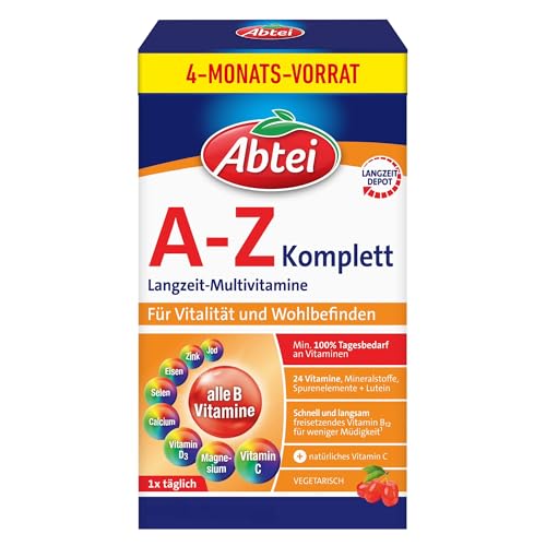 Abtei A-Z Komplett Langzeit-Multivitamine – Für mehr Vitalität – Mit 24 Vitaminen und Mineralstoffen – Glutenfrei, Laktosefrei, Vegetarisch – Vorratspackung – 120 Tabletten für 4 Monate