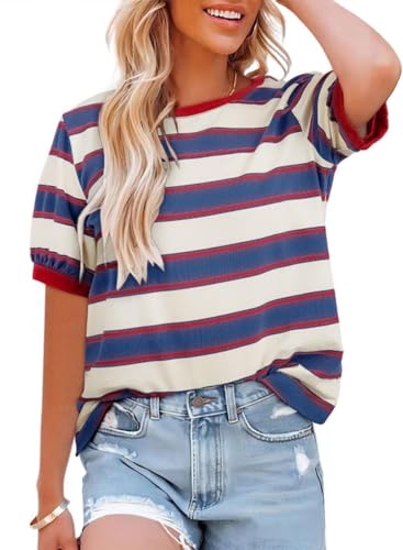 Cuptacc T-Shirt Damen Sommer Bunt Gestreiftes Casual Locker Täglich Oberteile 2026 Mode Rundhals Farbblock Baumwolle Tunika Damen Weiß Blau L Groß