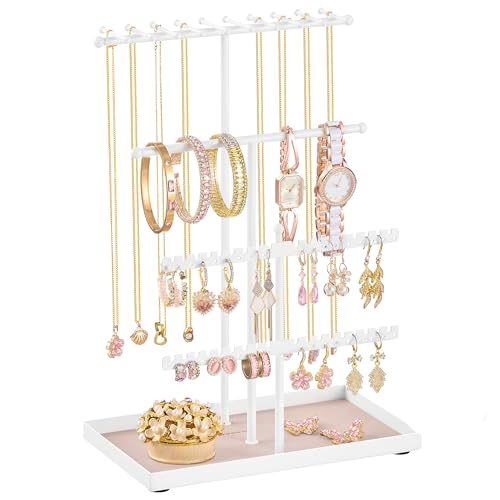 SONGMICS Schmuckständer, Schmuckhalter, Metallrahmen, Schmucktablett Samt, Schmuckaufbewahrung für Halsketten Armbänder Ohrringe Ohrstecker Ringe, Geschenkidee, mattweiß JJS036WG03