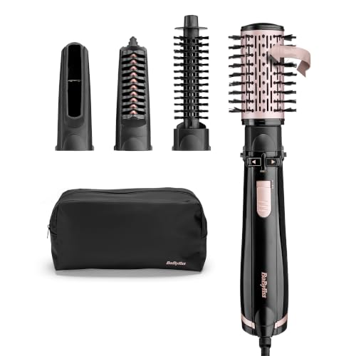 BaByliss Dry, Straighten and Style - Rotierende Warmluftbürste, 1000W Ionen Rundbürstenföhn mit 4 Aufsätzen zum Föhnen, Glätten, Volumen kreieren, Schwarz, AS200E