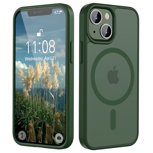 HGH Magnetisch Hülle für iPhone 13 Mini 5,4 Zoll Kompatibel mit MagSafe, Transluzente Matt Rückseite Dünn Stoßfest Handyhülle für iPhone 13 Mini (Dunkelgrün)