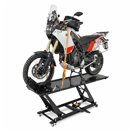TRUTZHOLM Motorradhebebühne hydraulisch Tragkraft 450 kg Motorradheber Nutzbreite 55 cm Hubbereich 18-84 cm abnehmbare Auffahrrampe 4 Halteösen 45° Vorderradklemmung Parallelheber Hebebühne (Schwarz)