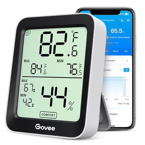 Govee Bluetooth Thermometer Hygrometer Innen, LCD Digital Temperatur luftfeuchtigkeitsmesser mit Benachrichtigungs Alarm, Präzise Thermo-Hygrometer mit APP, Datenspeicherung für Gewächshaus Weinkeller