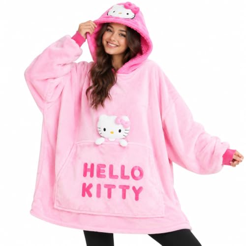 Hello Kitty Sanrio Kapuzenpullover Damen Teenager, Oversized Hoodie, Decke mit Ärmeln und Plüschbeilage Anime Geschenk (Rosa Hello Kitty)