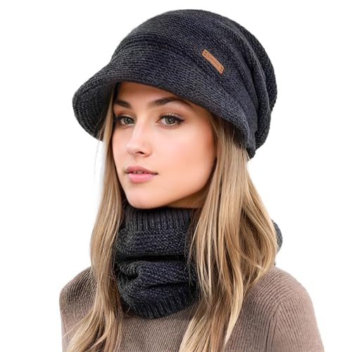 Winter Mütze Damen Set mit Schal und Visier - Weiches Innenfutter und Gefütterte Beanie für Herbst