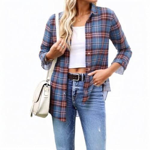 Lila Damen Hemdjacke Karierte Shacket Langarm Button-down Hemd Bluse Mantel Flanell Jacke Tunika Tops Longshirt Hemd T-Shirt 4XL