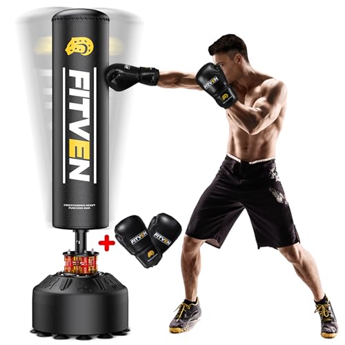 FITVEN Freistehender Boxsack 178 cm / 86 kg mit Boxhandschuhen, schwerer Boxsack mit Saugnapfbasis – Stehender Kickboxsack für Herren für Zuhause und Büro