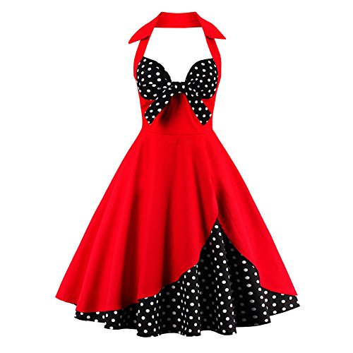 IWEMEK Damen Halter Vintage 1950er Rockabilly Retro Kleider Elegantes 50er Pinup Hepburn-Stil Swing Neckholder Knielang Abendekleider Partykleider Cocktailkleider Faltenrock # Rot Polka Dots M
