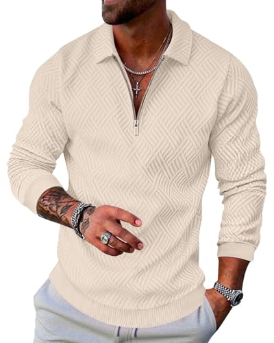 LAOARA Pullover Herren Half Zip Sweatshirt Langarm Poloshirts Winter Ohne Kapuze Stehkragen Reißverschluss Weiß 3XL