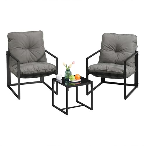 SONGMICS Gartenmöbel-Set, 3-teilig, Balkonmöbel, 2 Stühle, 1 Tisch und 1 Bank, Terrassenmöbel, Stahlgestell, gepolsterte Kissen, für Garten, Terrasse und Balkon, grau GGF039GZ01