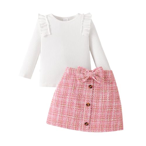 HPSOM Baby Kinder Mädchen Kleidung Set Ruffle Gerippt Langarm Top Fliege karierten Rock 2PCS Frühling Herbst Kleinkind Outfits Set