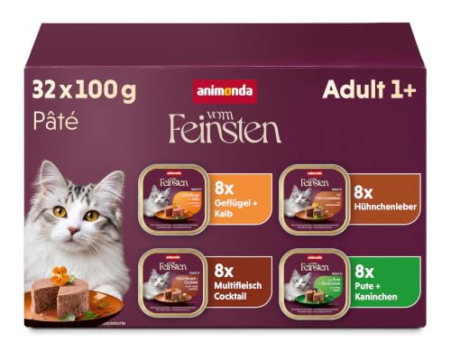 animonda Vom Feinsten Katzenfutter nass Adult Vielfalt (32 x 100 g) | Nassfutter für ausgewachsene Katzen, Katzenfutter ohne Getreide und Zucker, feine Pasteten mit fleischlichen Zutaten