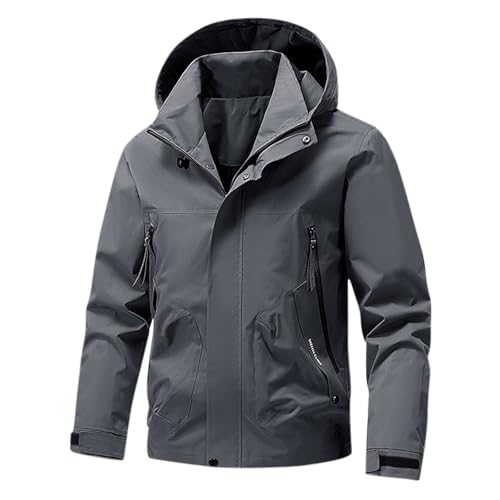 XCXC Herren Winddichte Outdoorjacke mit Kapuze Reißverschluss und Klettverschluss Männer Langarm Cargojacke mit Taschen Funktionsjacke für Wandern Trekking und Alltag