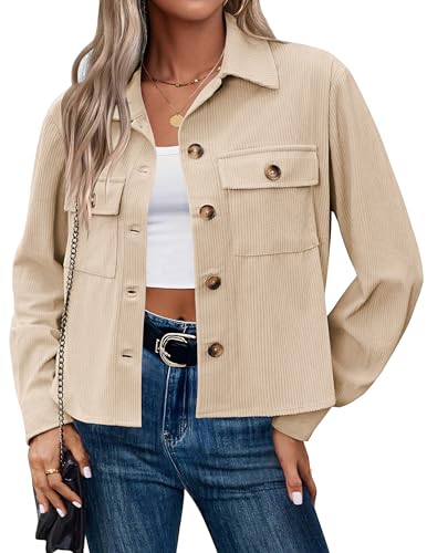 Hotouch Damen Kurze Jacke mit Knopfleiste Casual Locker Blouson Langarm Hemdjacke Frühlingsjacke Outwear Übergangsjacke Beige S