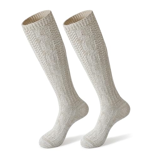 Moyel Oktoberfest Socken Herren lange 43-46 Trachtensocken Herren Beige Klassik Zopfmuster Design Bayrische Tracht Stricksocken Männer Lederhose Socken Trachtenstrümpfe Oktoberfest Accessoires Outfit