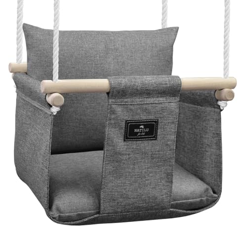 NATILU® Babyschaukel Set Indoor Outdoor | Babyschaukel | Baby schaukel Indoor | Kinderschaukel aus Holz | Holzschaukel für Kinder | Schaukeln für türrahmen (Silver)