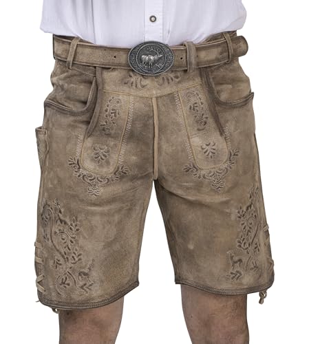 Schöneberger Trachten Couture Herren Lederhose kurz mit Trachtengürtel -Traditionelle Antik Trachtenhose für Oktoberfest aus Original Nubukleder (Wildbock,braun, 52)