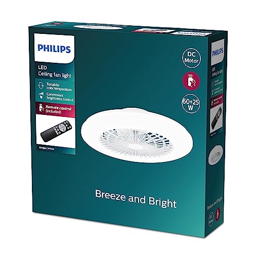 Philips Amigo Deckenventilator mit Licht, dimmbar mit Fernbedienung, 3000/4400/6500 K, 3 Lichtszenen, weiß, IP20, flimmerfrei