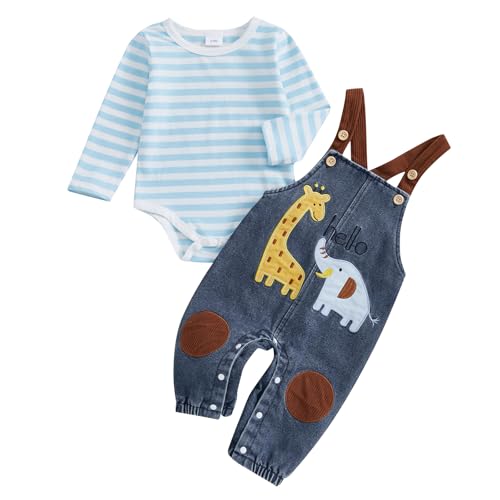 Himllauen Baby Jungen Kleidung Strampler Latzhose Set Bekleidungssets für Jungen Baby Set Neugeborene Geschenk (A Blau Giraffen, 0-3 Months)