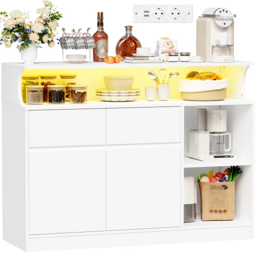 BEWISHOME Sideboard, Küchenschrank mit Steckdosenleiste und LED-Licht Weiß