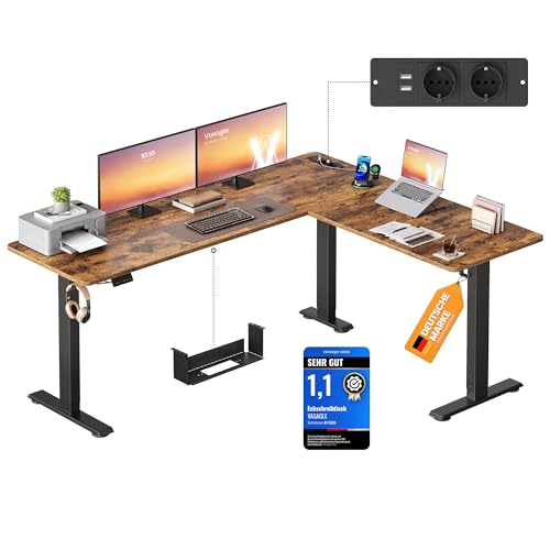VASAGLE Höhenverstellbarer Schreibtisch, 190 x 155 cm, L-förmiger Eckschreibtisch, Stehtisch, 2 AC-Steckdosen, 2 USB-A-Anschlüsse, Ablage für Steckdosenleiste, für Büro, vintagebraun LSD295KD01