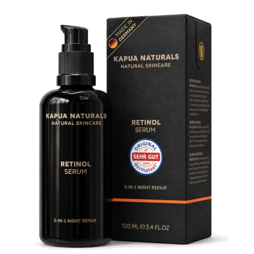 BIO Retinol Serum hochdosiert 100ml • Retinol 5-Fach-Komplex +Hyaluron +Vitamin C ✓ Vegan & BIO ✓ hochwirksam verkapseltes Retinol für strahlende & reine Haut ohne Pickel ✓ Anti Aging Made in Germany