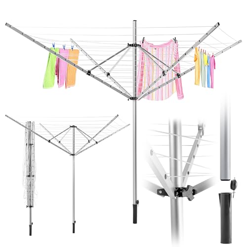 KADAX Wäschespinne mit 50 Meter Wäscheleine, Wäscheständer aus rostfreiem Aluminium für Draußen, höhenverstellbare Wäscheschirm mit Bodenhülse für Garten (50m)