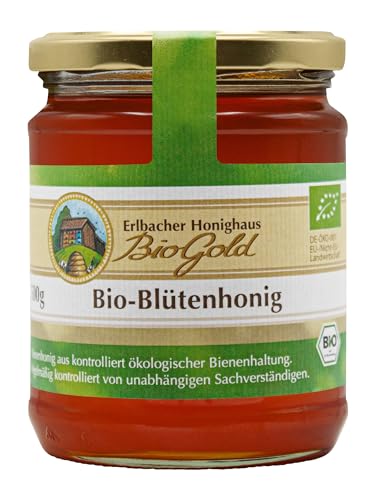 Erlbacher Honighaus BioGold Bio-Blütenhonig 500g flüssig - Aromatisch-vollmundiger und flüssiger Honig aus ökologischer Bienenhaltung (1 x 500g) (Die Verpackung kann variieren)